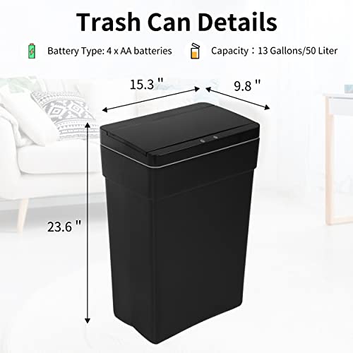 BLKMTY 13 Gallon Plastic Trash Can with Lid, Black, 50 Liters | Motion Sensor Garbage Can, for Kitchen, Home, Office, Bathroom - color: Black
