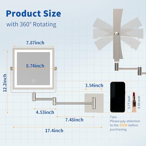 Ruacq Wall Mounted Makeup Mirror with Lights 1X/10X Brushed Nickel | 8",4000mAh Rechargeable,Magnification,3 Color,Touch Screen Dimmable,360° Rotation Extension Foldable Arm, Square, Women Gift - color: Brushed Nickel
