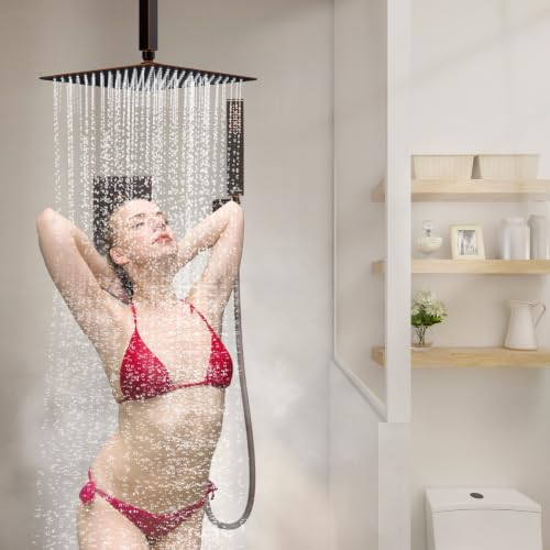 SunCleanse Rainfall Shower System with High Pressure in Oil Rubbed Bronze | Ceiling mounted shower combo set featuring a 12" square rain head, handheld spray, and rough-in mixer valve with trim. - color: Oil Rubbed Bronze, style: 12-ceiling
