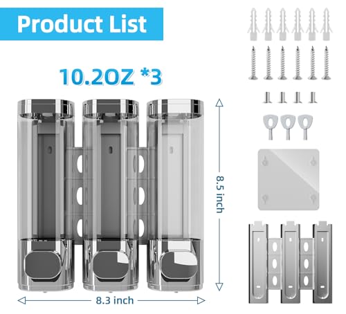 VITVITI Shampoo and Conditioner Dispenser for Shower Wall, Shower Soap Dispenser 3 Chamber No Drill Wall Mounted, 10.2 OZ Plastic Refillable Shower/Body Wash Bottles for Bathroom (Silver) - color: Silver