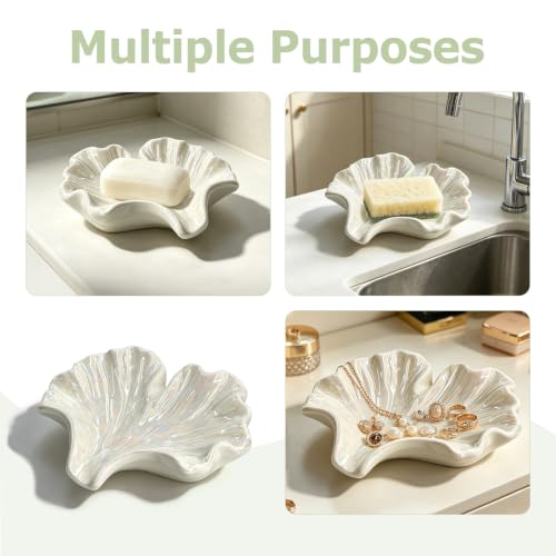 Ceramic Soap Dish with Ginkgo Leaves Design, Self-Draining Soap Tray for Sink, Bathroom, Shower, Small Cute Glazed Holder in White, Easy to Clean