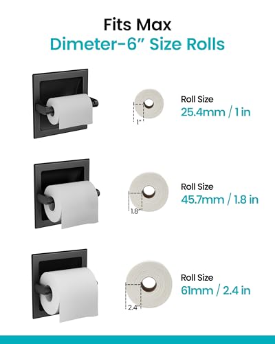 Recessed Toilet Paper Holder Matte Black, in-Wall, 304 Stainless Steel | Inset Toilet Paper Holder, Spring-Free Pivoting Arm, Space-Saving Flush Mount, Fits Rolls up to 6 in - color: Matte Black