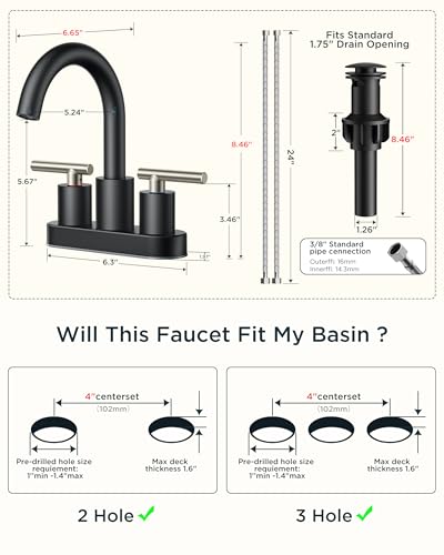 FORIOUS 4 Inch Centerset Bathroom Sink Faucet Black and Brushed Nickel | Brushed Nickel and Black bathroom faucet 4 In, RV Sink Faucet Bathroom with Pop Up Dain, 24" Water Hose, 1.2gpm Spare Aerator - color: Stainless Steel&Black, style: Classic