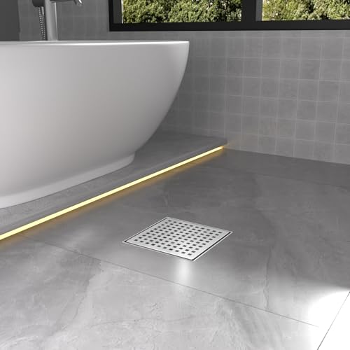 6 Inch Brushed Nickel Square Shower Drain with Removable Grate | AISI 304 Stainless Steel Shower Drain, Shower Floor Drain with Hair Catcher & ABS Flange, Fits Bathroom & Balcony etc - color: Brushed Nickel, size: 6 in
