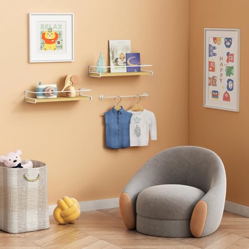 Forbena Natural Wood Bathroom Floating Shelves for Wall Set of 2, Light Wood Wall Shelves with Rail for Bathroom Nursery Office (Natural Wood and White) - color: 9. Natural Wood
