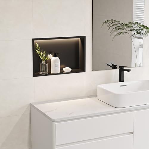 18"x12"Black LED Shower Niche,3 CCT Dimmable Light, No Tile Needed | 304 Stainless Steel Bathroom Niche w/ Light(3000K/4000K/6000K), IP66 Waterproof, Space Saving & Durable ,LED Driver Included - color: Matte Black, size: 18X12In