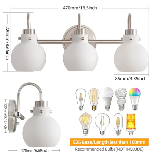 Bathroom Wall Light Fixture Brushed Nickel 3 Light Vanity Light | Wall Sconce with Milk Globe Glass Shade Bath Wall Lamp over Mirror Farmhouse Wall Mount Light for Living Room Bedroom Hallway - color: Brushed Nickel M