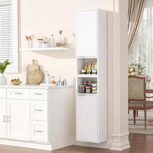 AKMAKM 59.1" Tall Slim Bathroom Storage Cabinet White | Freestanding or Wall Mounted Modular Cabinet, Fluted Panel Linen Tower with Adjustable Shelves for Small Spaces - color: White