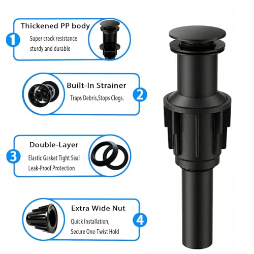 Bathroom Sink Drain Without Overflow- Matte Black Pop up Drain for Bathroom Vanity Vessel Sink Drain Stopper - Anti-clog Pop-up Plastic Drain with Hair Catcher Strainer - color: Matte Black