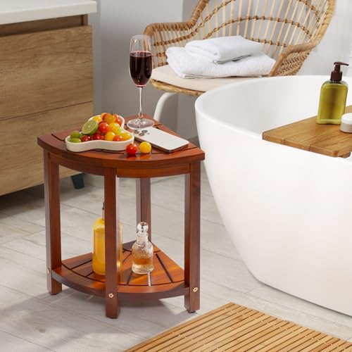 Axeman Space-Saving Teak Shower Stool with Storage Shelf - 12" Corner Shower Bench for Small Spaces - Waterproof 2-Tier Design for Shaving, Bathing & More (350lb Capacity)