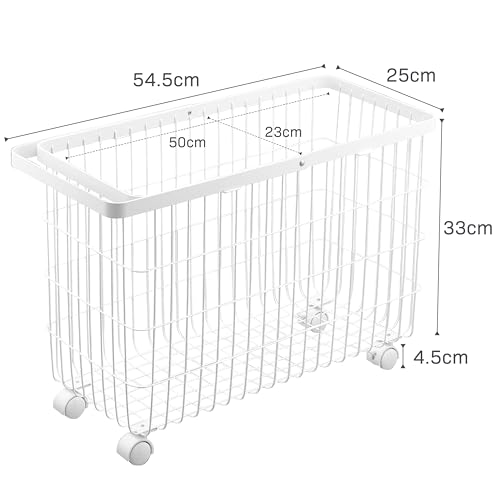 Yamazaki Home Rolling Laundry Basket, Short, Wheeled Hamper, Steel, White | Small metal laundry hamper cart features smooth-rolling wheels and a convenient built-in handle. Suits modern home storage. - color: White