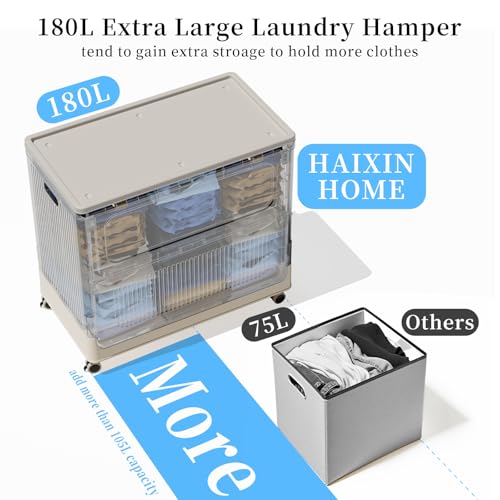 Extra Large Laundry Hamper with Lid Wheels 180L | Fits Large Families, Industries, Heavy-Duty Frame, 4 Smooth Wheels, Dust-Free Lid, Easy-Clean Plastic, Foldable Assembly - color: Milky, size: 180L