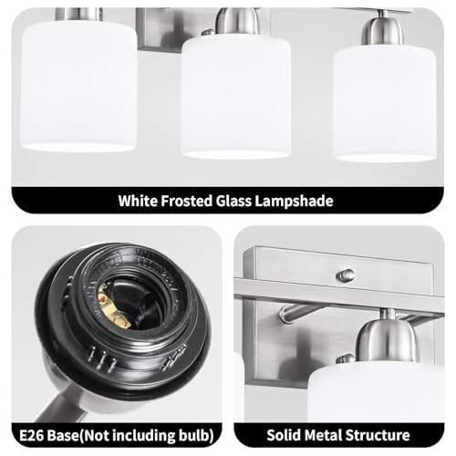 Brushed Nickel Bathroom Light Fixture, Anti-Rust Finish 3 Light Vanity Lights for Bathroom, Bath Lights with Milky White Frosted Glass Shades, E26 Socket - color: Nickel & Milky White Glass, size: 3-Light