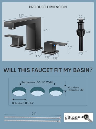 Cobbe Bathroom Faucet 3 Hole, Matte Black Bathroom Sink Faucet Widespread | Square 8 Inch with Pop-Up Drain, 2 Handle and 2 Supply Hoses, Lead-Free Stainless Steel, For Vanity, RV, Farmhouse - color: Black-2, size: 8 Inch Widespread