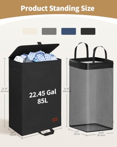85L Laundry Hamper with Lid, Large Clothes Hamper, Black | Foot Loop & Removable Bag Easy to Lift and Carry, Tall & Collapsible Laundry Basket for Bathroom, Bedroom, Laundry Room, Dorm - color: Black