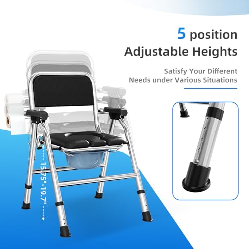 4 in 1 Folding Bedside Commode Chair for Elderly, Padded Seat & Backrest | Adjustable Height Raised Toilet Seat with Handles, Adults Potty Chair for Seniors, Disabled, Holds Up to 350 lbs - color: With Paper Roll Holder