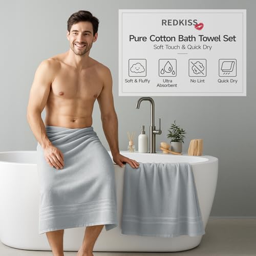 REDKISS Light Grey Towels Set 6 Piece Cotton Towel Sets with 2 Bath Towels, 2 Hand, 2 Washcloths, 650GSM Hotel Quality, Soft, Highly Absorbent Towels for Bathroom Gym, Ideal Everyday Use - color: Light Grey