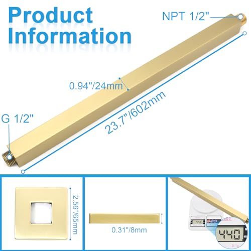 Shower Arm with Flange 24 Inches Ceiling Mount Square Straight Extender Extension Pipe Replacement, Extra Long Shower Arm For Fixed Rain Shower Head or High Ceiling,Brushed Gold - color: Brushed Gold, style: 24inch