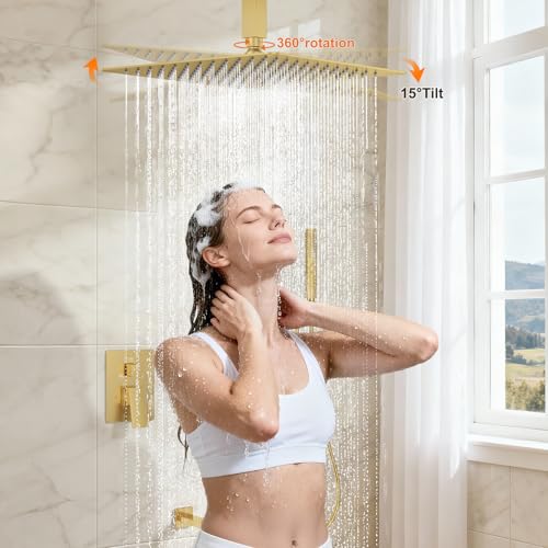 Brushed Gold Shower System with Tub Spout, Ceiling Mounted Bathtub Shower Faucet Set, 12" Rainfall Shower Head and Handheld Shower Combo, High Pressure Shower Fixtures Set with Rough-in Valve - color: Brushed Gold, style: 12" Ceiling Mounted Shower System
