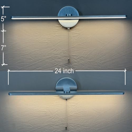 Vanity Light with On Off Switch,24 inch Brushed Aluminum LED Light Vanity Bar for Bathroom,Modern LED Wall Picture Lamps Sconces with Pull Chain Switch LED 3000-3500K (AM) - color: Brushed Aluminum