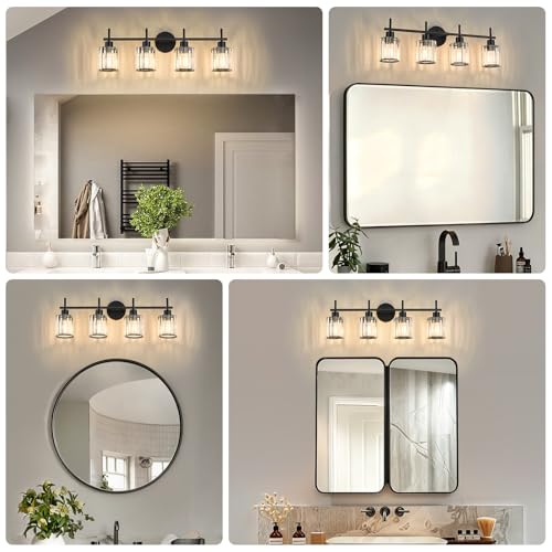 Black Bathroom Light Fixtures, Round, 4-Light | Vanity Lights with Crystal Shades, Modern Bathroom Lighting Fixtures over Mirror (Bulbs Not Included, E26) - color: Black (Round), size: 4-Light