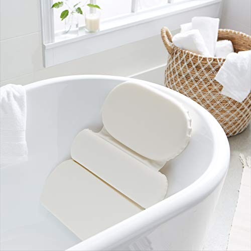 Amazon Basics Bath Tub Neck and Back Support Pillow with Non-Slip Suction Cups, Waterproof, Thick Padded 3-Panel, Easy to Clean, Off-white