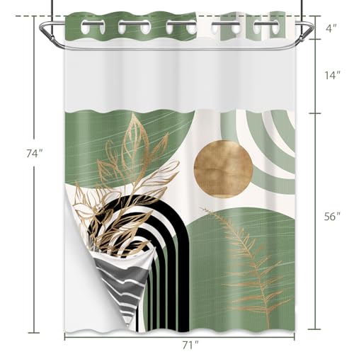 Sage Green Hookless Shower Curtain with Snap in Liner, Boho Mid Century Black and Light Green No Hook Double Layer Shower Curtains and Liner Set, Waterproof Cloth Fabric, 71" W X 74" L - color: Green, size: 71"W x 74"L (Pack of 1)