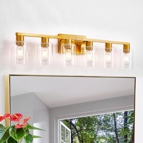 Gold 6 Light Bathroom Vanity Light Brush Gold Bathroom Light Fixtures Brass Vanity Lights for Bathrrom Large Wall Sconce with Clear Glass Shade E26 Socket - color: Gold, size: 6 Light
