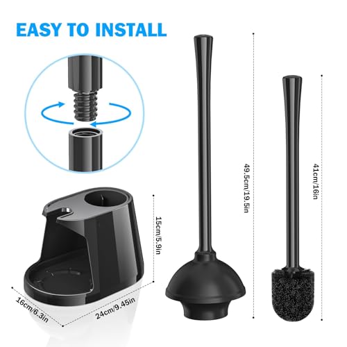 Toilet Plunger and Brush Set, Bowl Brush and Heavy Duty Toilet Plunger with Ventilated Holder, 2-in-1 Toilet Brush and Plunger Combo for Bathroom Deeply Cleaning(Black) - color: Black01