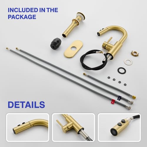 Bathroom Faucet with Sprayer, Brushed Gold Single Hole with Pop-Up Drain | Kablle Single Handle Pull Out 1 or 3 Hole Laundry Bar Basin Faucet with Deck Plate, KBL-7002BG-CL - color: Brushed Gold