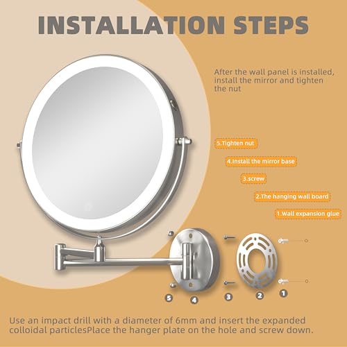 Wall Mounted Lighted Makeup Mirror with Extended Arm for Bathroom | Round 8.5 Inch Double Side 1X/10X Magnifying, 360° Swivel, 19.7 Inch Extended Arm, 3 Color Lights Dimmable, Rechargeable - color: Chrome