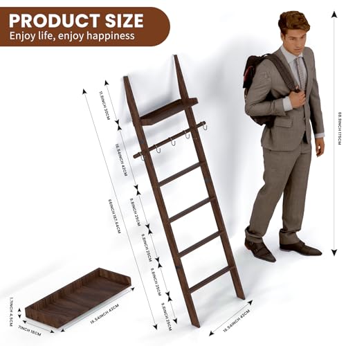 6-Tier Farmhouse Wooden Blanket Ladder with Shelf and Hooks Dark Brown | Rustic Quilt Towel Rack Decorative Holder Wall Leaning Storage with for Living Room Bedroom Decor