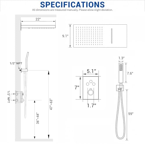 Thermostatic Shower System, Waterfall Shower Head(Brushed Nickel) | 22-Inch Rain & Waterfall Large Shower Head, High Pressure Handheld Sprayer, 3 Modes Push Button Valve - color: Brushed Nickel