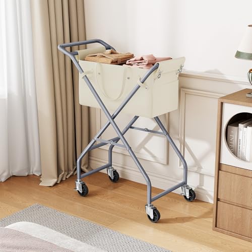 No-Bend Laundry Cart- Rolling Hamper with Locking Wheels & Handle, Foldable Basket Screw-Free Assembly, Durable Metal Frame & Removable Liner Bag for Bedroom & Bathroom (Beige) - color: Beige
