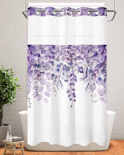 No Hook Shower Curtain and Snap in Liner Set, Purple Eucalyptus Fabric Bathroom Stall Shower Curtains 54x78, See Through Mesh Top Window, Spring Summer Botanical Floral Leaves Country Hotel Style - color: Purple, size: 54"W x 78"L (Pack of 1)