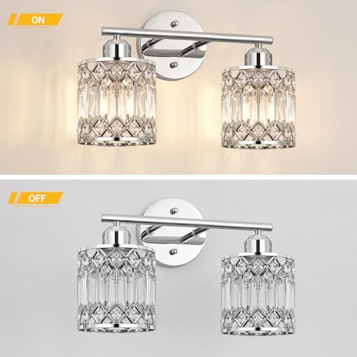 Lxybcce 2-Light Bathroom Vanity Light, 14 in Modern Crystal Bathroom Lighting Fixtures Over Mirror, E26 Hardwired Bathroom Wall Sconce, Chrome - color: Chrome, size: 14in