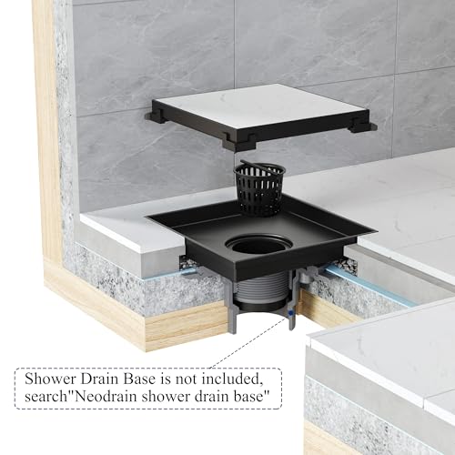 Neodrain 4 in Black Square Shower Drain with Removable Tile Insert Grate | 304 Stainless Steel Tile Square Drain, Hidden Drain,Easy to Clean, Waterproof & Sturdy Shower Drain, CUPC Certified - color: Matte Black, size: 4 IN