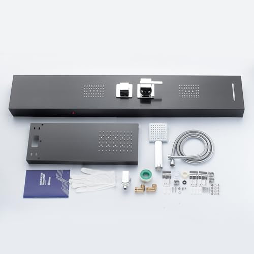 5-in-1 LED Shower Panel Tower System Stainless Steel Black | LED waterfall + rainfall | 2-in-1 body jets | Handheld shower | Bathtub filler | Wall mount - color: Black