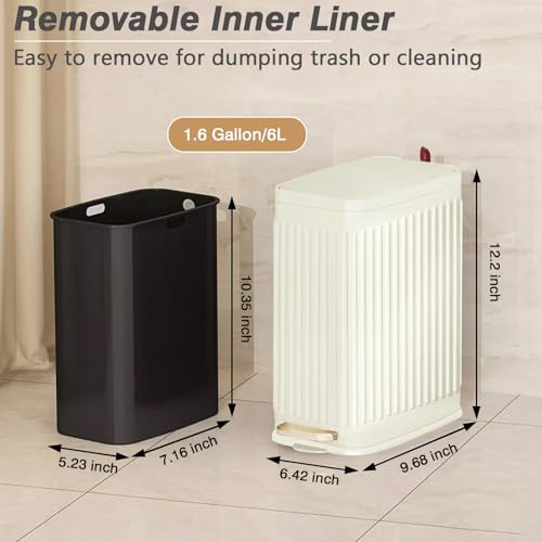 Small Bathroom Trash Can with Air Freshener Soft Close Lid, 6 Liter/ 1.6 Gallon Stainless Steel Garbage Can with Removable Inner Bucket,Step Pedal, Slim Wastebasket for Bedroom, Toilet (Ivory White) - color: Ivory White/1.6 Gal