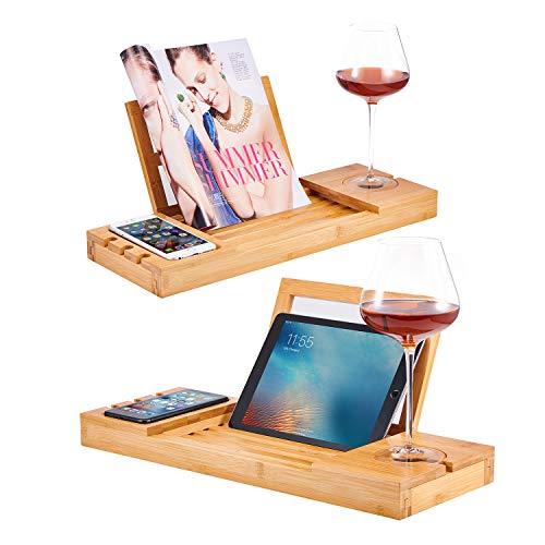 Utoplike Bamboo Bathtub Caddy Tray for Tub, Expandable Bath Table | Adjustable Bathroom Organizer, with Book Tablet Stand, Wine Glass Cup, Towel Holder - color: 19.8-33.5 in