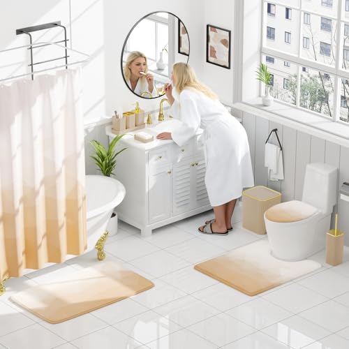 XLHOMO Bathroom Accessory Set - 26PC Bathroom Shower Curtain and Rug Set, Bathroom Accessories Set, Beige Bathroom Set with Trash Can, Toilet Brush, Qtip Holder & Soap Dispenser - style: Beige