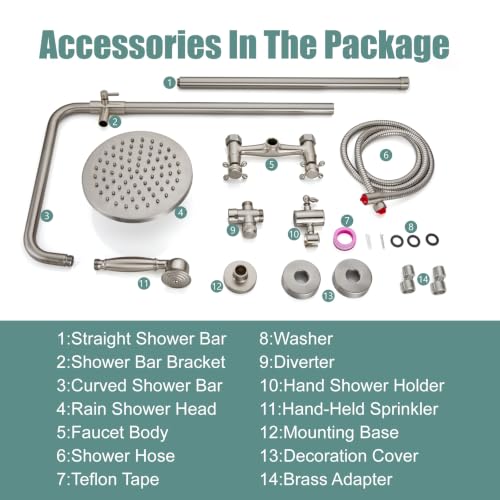 Heyalan Dual Shower System, 8 Inch Rain Head, Handheld,Brushed Nickel | Dual shower system with 8 inch rain head, handheld sprayer, exposed pipe design, two-handle control, and brass body. - color: Brushed Nickel