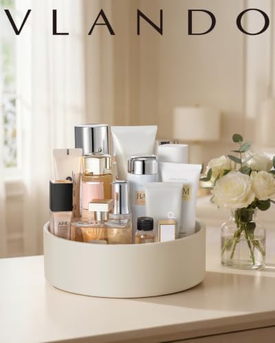 VLANDO360° Makeup Organizer,PU Leather Vanity Tray for Skincare | Rotating Vanity Organizer,Holds Perfume,Makeup,Nail Polish,Daily Essentials on Bathroom Countertop,Dresser,Cream White - color: Cream White