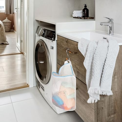 3Pcs Hanging Laundry Bags for Socks with S Hooks, 12 X 10 inch 3 Color Mesh Laundry Bags for Washing Machine
