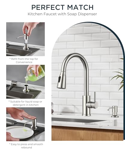 FORIOUS LED Kitchen Faucet with Soap Dispenser, Pull Down Sprayer, Brushed | Stainless Steel Single Handle, Transitional Bar Sink Faucet with LED Light Sprayer, Suitable for Outdoor Rv Laundry Camper - color: Stainless Steel, style: Transitional