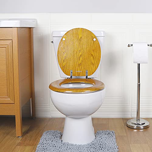 Angel Shield Durable Wood Veneer Natural Toilet Seat Metal Hinged Easy Clean Anti-scratch American Standard(Round,Oak) - color: Oak, size: Round-16.5”