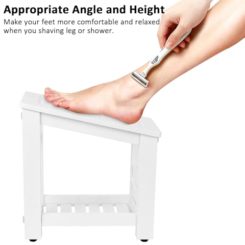 White Bamboo Shower Foot Rest for Shaving Legs, Water-Resistant Pedicure Foot Stool with Lower Storage Shelf, Compact Bathroom Shaving Step for Shower and Bath - color: White