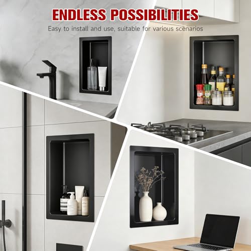 VELPAX No Tile Needed Shower Niche 12"X 12", Bathroom Wall Niche Single Shelf, Stainless Steel Shower Niche for Bathroom, Kitchens, Balconies - color: Black, size: 12"X 12" Single Shelf