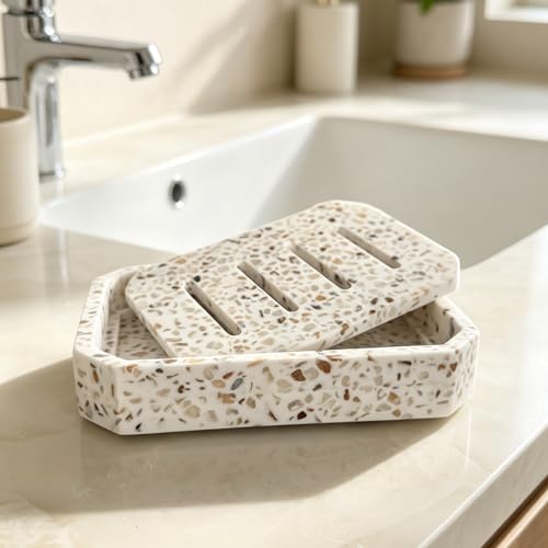 Drainable Soap Dish, Double Layer Resin Soap Holder, Non-Slip Silicone Feet Soap Saver for Bathroom (Terrazzo Look) - color: Terrazzo Look