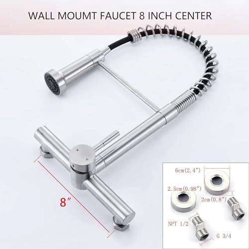 Wall Mount Kitchen Faucet with Pull Out Sprayer, 8 Inch Center Commercial Kitchen Sink Faucet, Spot-Free Stainless Steel, Easy Controlled Cold and Hot Water - color: Style F, Stainless Steel